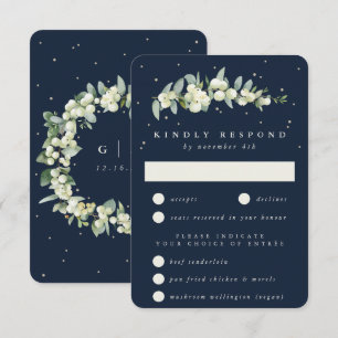 Dark Navy Snowberry+Eucalyptus Stem Wedding RSVP Card