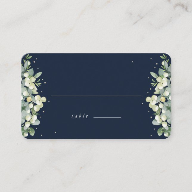 Dark Navy Snowberry+Eucalyptus Wedding Flat Place Card (Front)