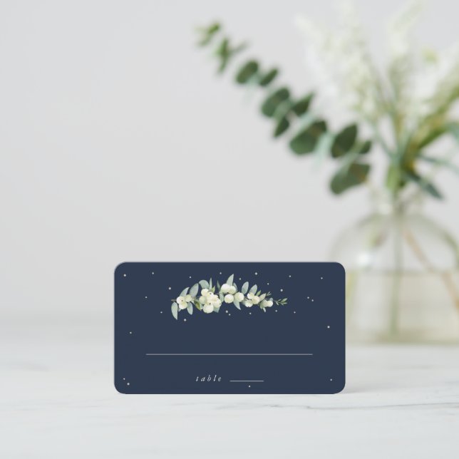 Dark Navy Snowberry+Eucalyptus Wedding Flat Place Card (Standing Front)