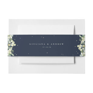 Dark Navy Snowberry+Eucalyptus Wedding Landscape Invitation Belly Band