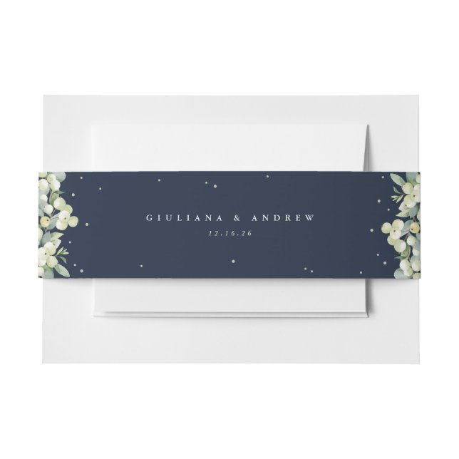 Dark Navy Snowberry+Eucalyptus Wedding Landscape Invitation Belly Band (Front Example)