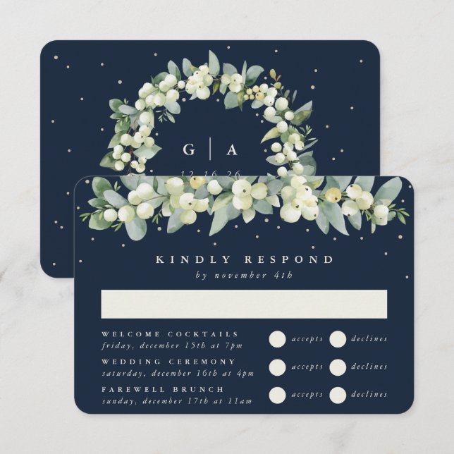 Dark Navy Snowberry+Eucalyptus Wedding Multi-Event RSVP Card (Front/Back)