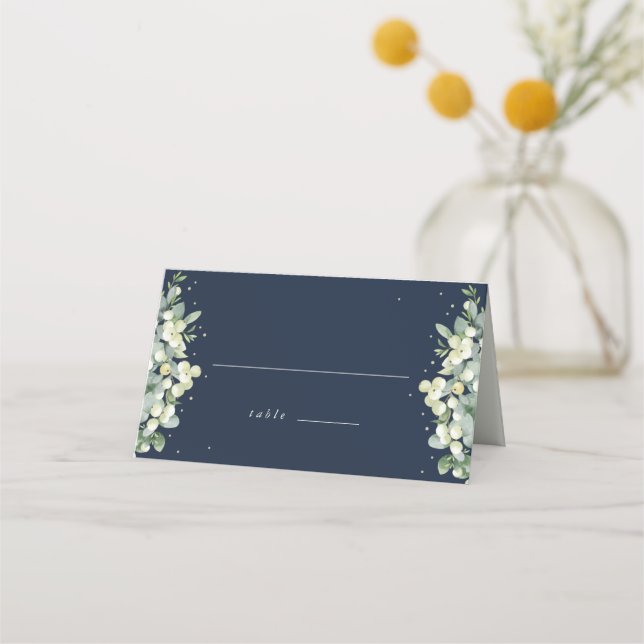 Dark Navy Snowberry+Eucalyptus Wedding Place Card (Front)