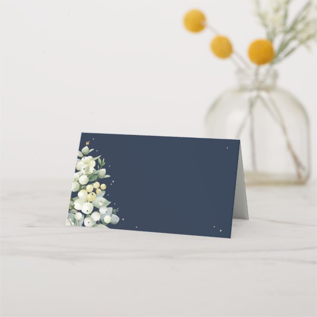 Dark Navy Snowberry+Eucalyptus Wedding Place Card (Front)