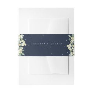 Dark Navy Snowberry+Eucalyptus Wedding Portrait Invitation Belly Band