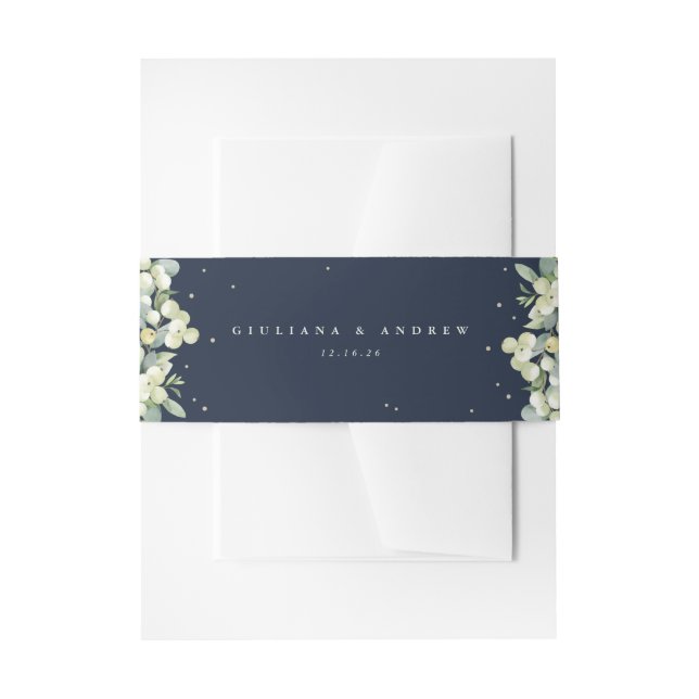 Dark Navy Snowberry+Eucalyptus Wedding Portrait Invitation Belly Band (Front Example)