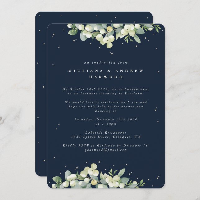 Dark Navy Snowberry+Eucalyptus Wedding Reception Invitation (Front/Back)