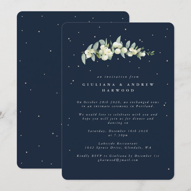 Dark Navy Snowberry+Eucalyptus Wedding Reception Invitation (Front/Back)
