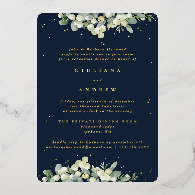 Dark Navy Snowberry+Eucalyptus Wedding Rehearsal (Front)
