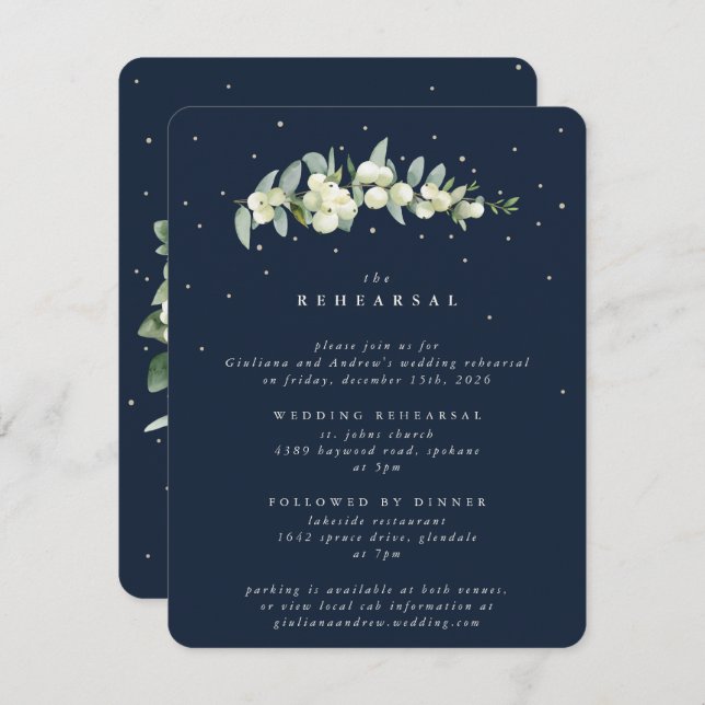 Dark Navy Snowberry+Eucalyptus Wedding Rehearsal Enclosure Card (Front/Back)