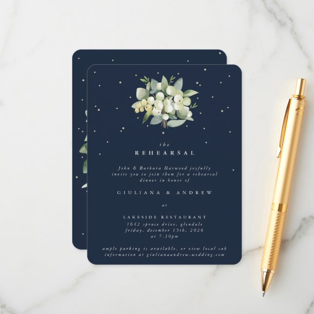Dark Navy Snowberry+Eucalyptus Wedding Rehearsal Enclosure Card (Front/Back In Situ)