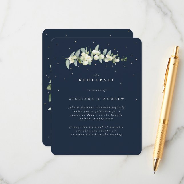 Dark Navy Snowberry+Eucalyptus Wedding Rehearsal Enclosure Card (Front/Back In Situ)