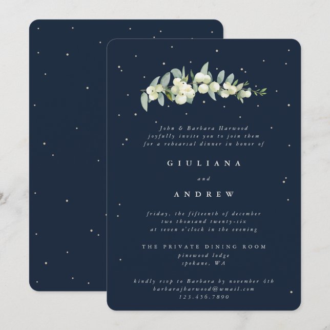 Dark Navy Snowberry+Eucalyptus Wedding Rehearsal Invitation (Front/Back)