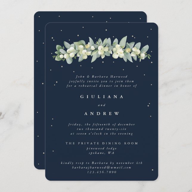 Dark Navy Snowberry+Eucalyptus Wedding Rehearsal Invitation (Front/Back)