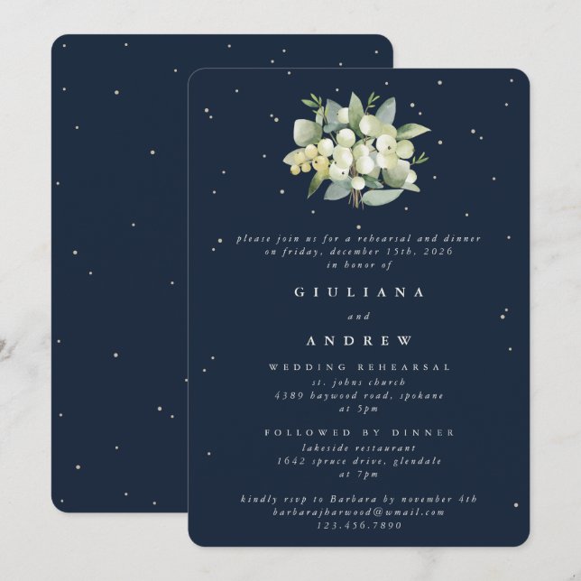 Dark Navy Snowberry+Eucalyptus Wedding Rehearsal Invitation (Front/Back)