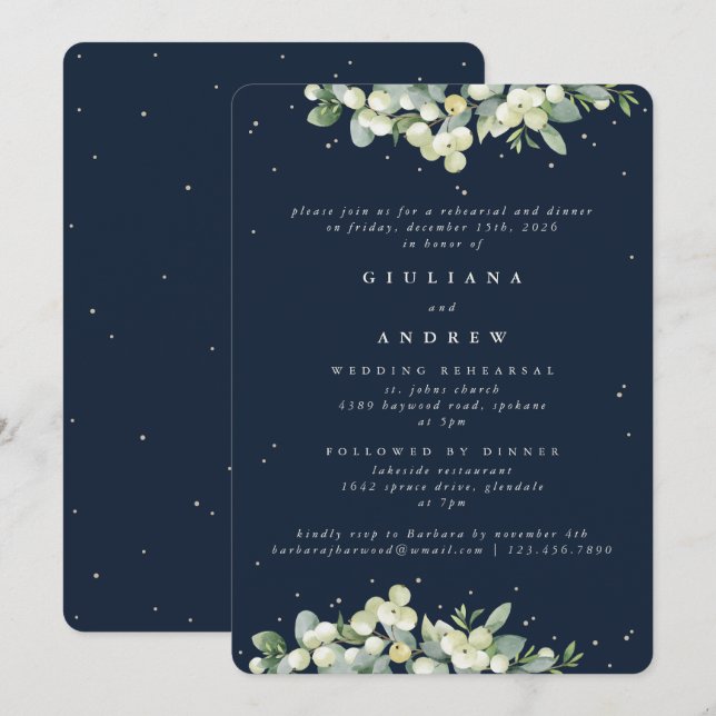Dark Navy Snowberry+Eucalyptus Wedding Rehearsal Invitation (Front/Back)