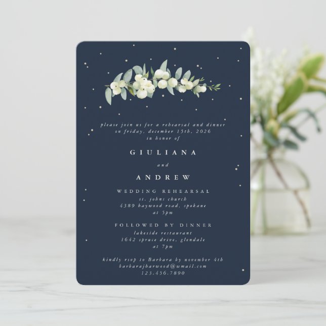 Dark Navy Snowberry+Eucalyptus Wedding Rehearsal Invitation (Standing Front)