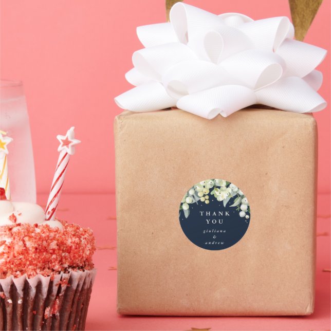 Dark Navy Snowberry+Eucalyptus Wedding Thank You Classic Round Sticker (Party)