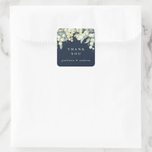 Dark Navy Snowberry+Eucalyptus Wedding Thank You Square Sticker