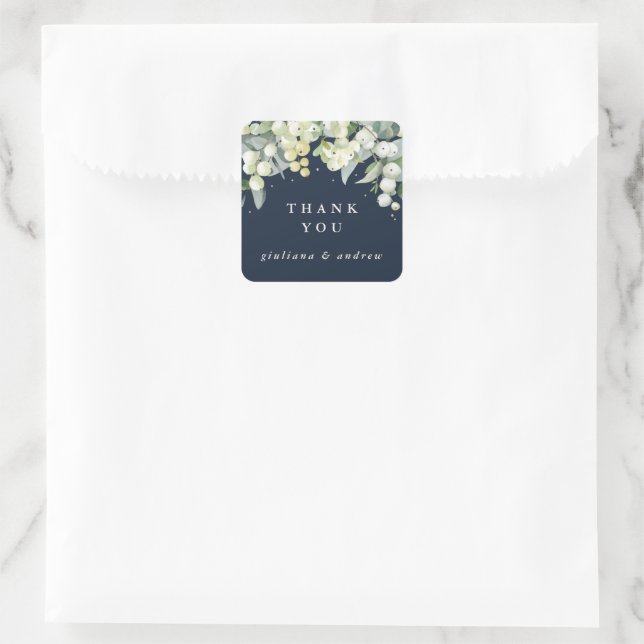 Dark Navy Snowberry+Eucalyptus Wedding Thank You Square Sticker (Bag)