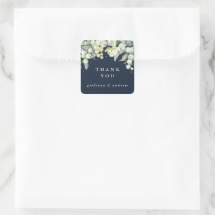 Dark Navy Snowberry+Eucalyptus Wedding Thank You Square Sticker