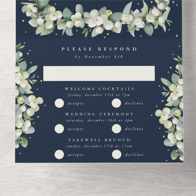 Dark Navy Snowberry+Eucalyptus Winter Wedding All In One Invitation (Inside Bottom)