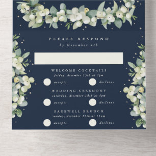 Dark Navy Snowberry+Eucalyptus Winter Wedding All In One Invitation