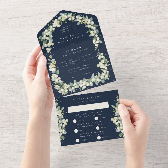 Dark Navy Snowberry+Eucalyptus Winter Wedding All In One Invitation (Tearaway)