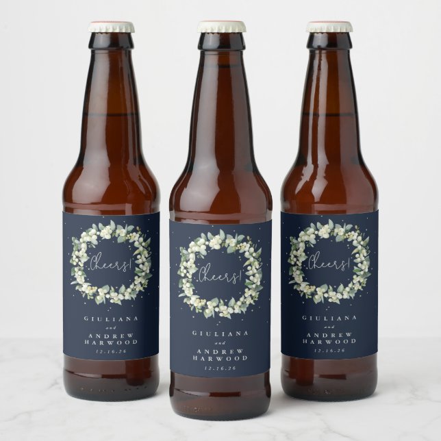 Dark Navy Snowberry+Eucalyptus Winter Wedding Beer Bottle Label (Bottles)