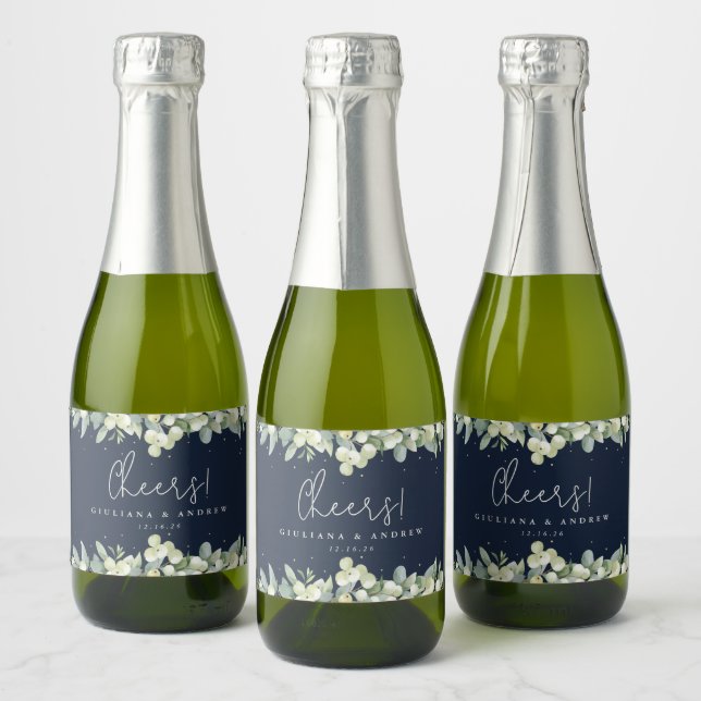 Dark Navy Snowberry+Eucalyptus Winter Wedding Mini Sparkling Wine Label (Bottles)