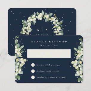 Dark Navy Snowberry+Eucalyptus Winter Wedding RSVP Card