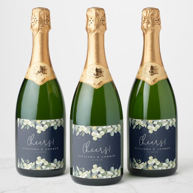 Dark Navy Snowberry+Eucalyptus Winter Wedding Sparkling Wine Label (Bottles)