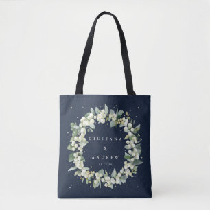Dark Navy Snowberry+Eucalyptus Winter Wedding Tote Bag