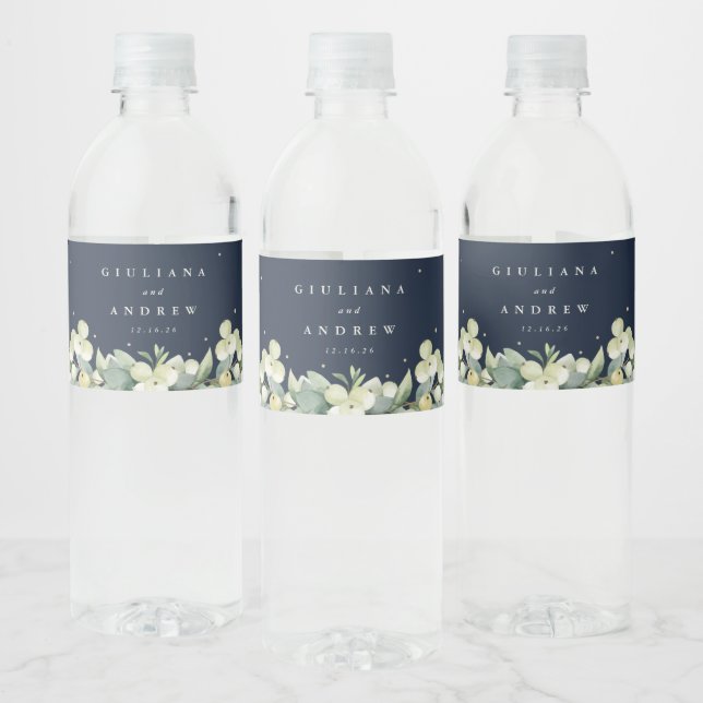 Dark Navy Snowberry+Eucalyptus Winter Wedding Water Bottle Label (Bottles)