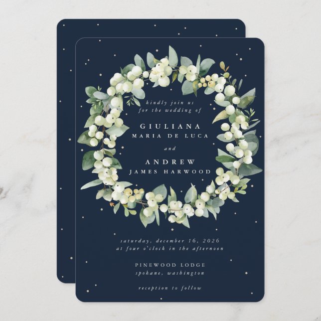 Dark Navy Snowberry+Eucalyptus Wreath Wedding Invitation (Front/Back)