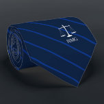 Dark Navy Striped Custom Initials Lawyer Tie<br><div class="desc">Elegant navy stripes judicial scales of justice custom initials tie.</div>