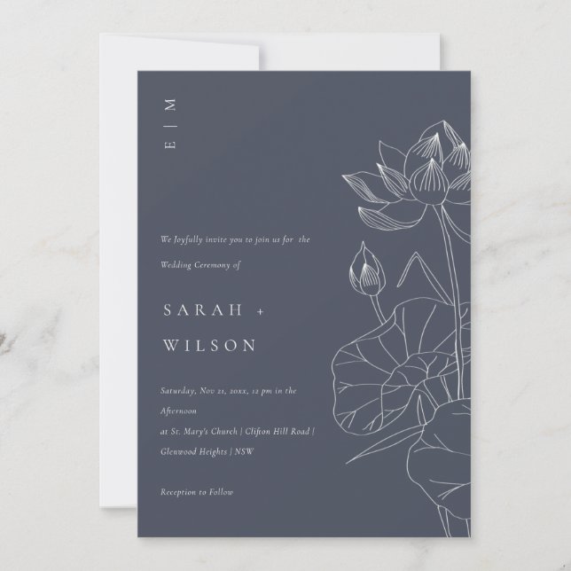 Dark Navy Waterlily Floral Sketch Wedding Invite (Front)