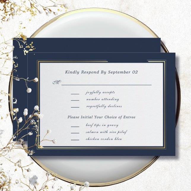 Dark Navy White Gold Script Menu Selection RSVP  (Creator Uploaded)