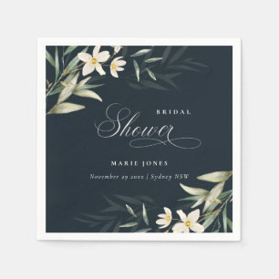 Dark Navy White Greenery Flora Bunch Bridal Shower Napkin