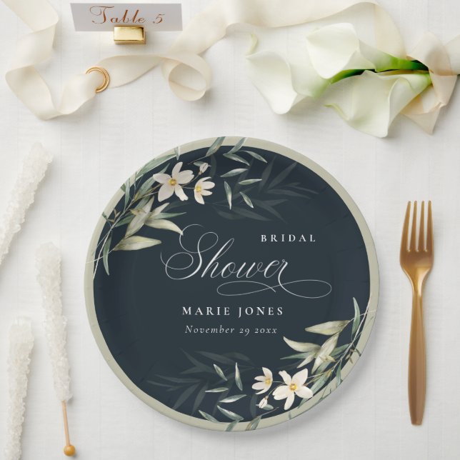 Dark Navy White Greenery Floral Bridal Shower Paper Plate (Wedding)