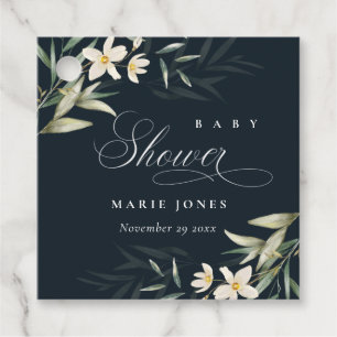 Dark Navy White Greenery Floral Bunch Baby Shower Favour Tags