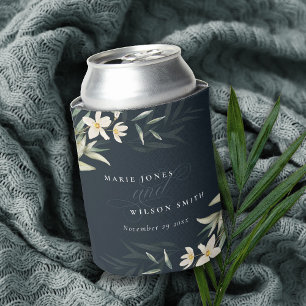Dark Navy White Greenery Floral Bunch Wedding Can Cooler