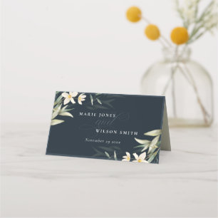 Dark Navy White Greenery Floral Bunch Wedding Place Card