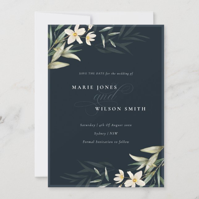 Dark Navy White Greenery Floral Save the Date Card (Front)