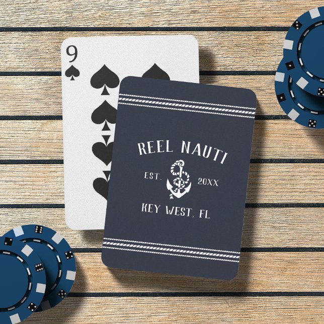Dark Navy & White Nautical Anchor Boat Name Playing Cards (Creator Uploaded)