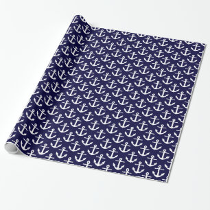 Dark Navy White Nautical Anchors Pattern Wrapping Paper