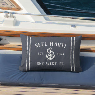 Dark Navy & White Personalised Boat Name Anchor Lumbar Cushion
