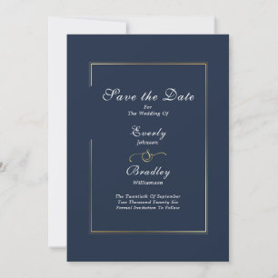 Dark Navy White Script Gold Border Save the Date Invitation