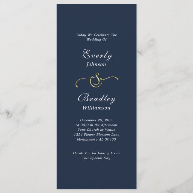 Dark Navy White Simple Script Elegant Wedding Programme (Front)