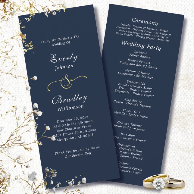 Dark Navy White Simple Script Elegant Wedding Programme (Creator Uploaded)